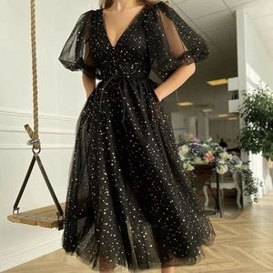 Teuta Matoshi Black Midi Dress with Gold Moons & Stars
